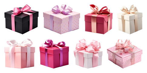 Naklejka na ściany i meble PNG Colorful gift boxes with ribbons, element set on transparent background