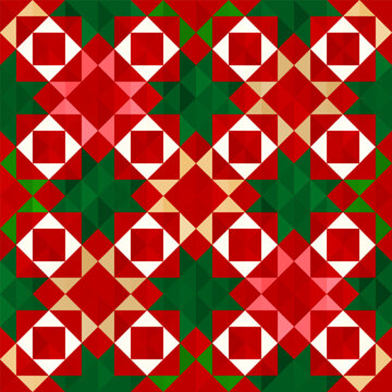 Festive seamless vector pattern with geometric stars, traditional colors red, green, beige, and white. Perfect for Christmas gift wrapping, cards, textiles, and seasonal design projects.