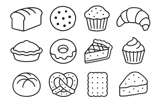 Bread bun set scone tart icon muffin pretzel pie bakery vector cookie