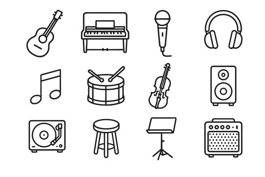 Room speaker icons drum vector amplifier music microphone note piano stool icon
