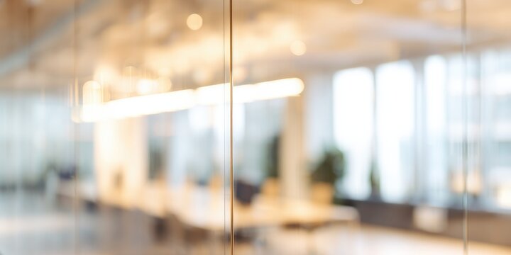 Blurred abstract office interior view with clear light and empty background luxury business design of panoramic city landscape through glass door with bokeh effect