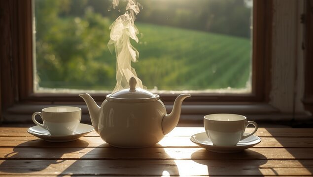 Tea set with teapot and two cups on a wooden table by the window in morning