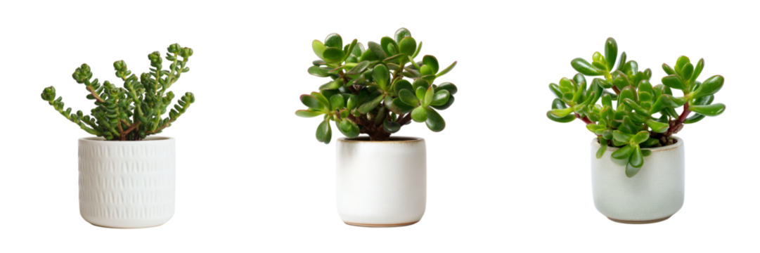 Indoor succulent plants in white pots with transparent background bright natural lighting