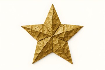 Stylized illustration of a five-pointed star made from crumpled gold paper on white background. Textured surface and handcrafted look evoke celebration, creativity, and festive decorative charm.