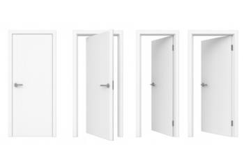 White interior door set with different positions, opening and closing in a transparent background