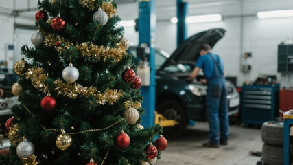 Festive Christmas tree in a car repair shop with a car mechanic repairing a car in the background.