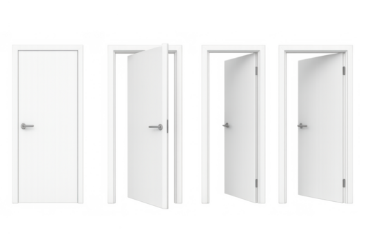 White interior door set with different positions, opening and closing in a transparent background