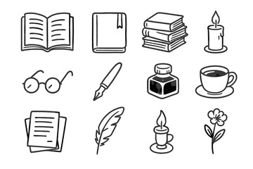 Glasses flower stem coffee open vector stack icon cup drawn book hand