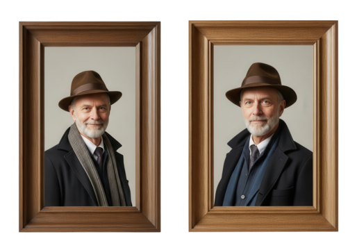 Two senior men portraits in wooden frames isolated on transparent background