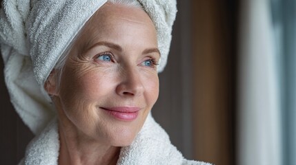 Close-up portrait of mature woman with towel wrapped on head looking outside window