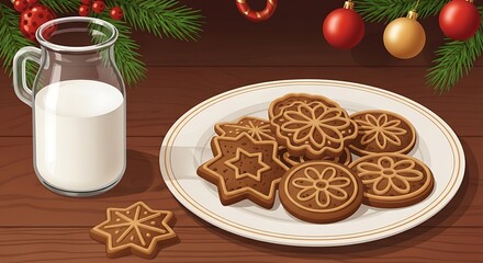 A plate of festive gingerbread cookies and a glass of milk on a wooden table with Christmas decorations.