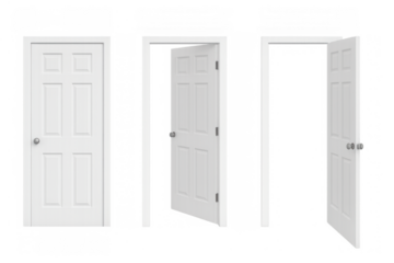 White door panels in various stages of opening and closing, isolated set with transparent background for easy integration