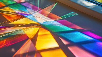 Fototapeta premium Wave pattern diffraction through laser interference creates vibrant multicolored light beams crossing geometric prism surfaces with spectral rainbow dispersions