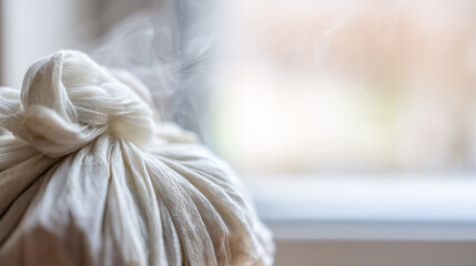 gauze. Gauze-wrapped herbal compress with gentle steam rising from it. menu design, packaging mockups, designed for culinary blogs and recipe cards for restaurants, used by financial analysts.