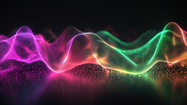 Laser beam modulation creates dynamic particle wave formations with vibrant magenta and emerald interference patterns flowing through digital visualization space