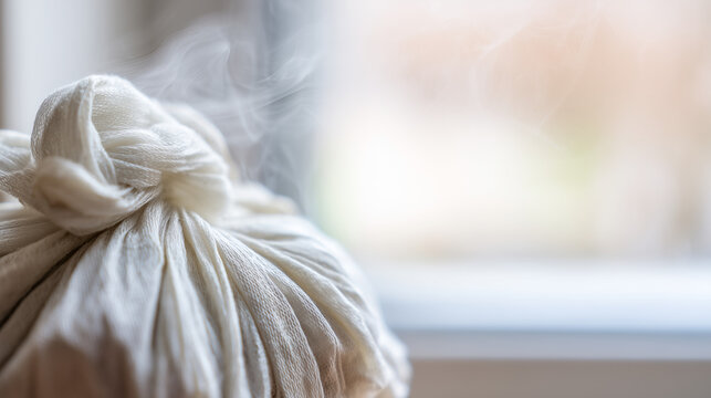 gauze. Gauze-wrapped herbal compress with gentle steam rising from it. menu design, packaging mockups, designed for culinary blogs and recipe cards for restaurants, used by financial analysts.