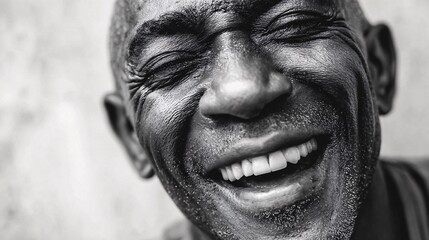 Close-up portrait of joyful elderly man laughing with eyes closed
