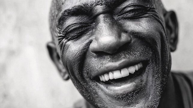Close-up portrait of joyful elderly man laughing with eyes closed