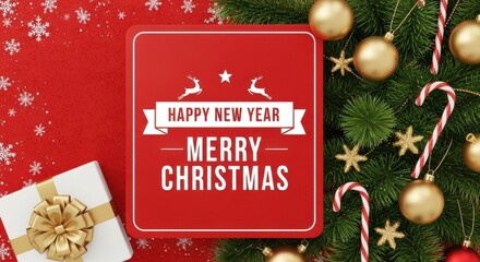 Festive christmas and new year background with a decorated tree, gift box, candy canes, and a red square sign wishing happy holidays, creating a joyful atmosphere