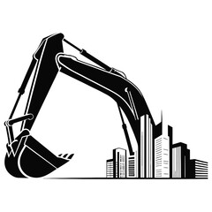 Excavator silhouette with city skyline isolated on white background, symbolizing construction and urban development projects