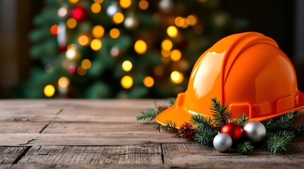 wooden table, orange construction helmet, christmas lights, festive decorations, cozy winter atmosphere