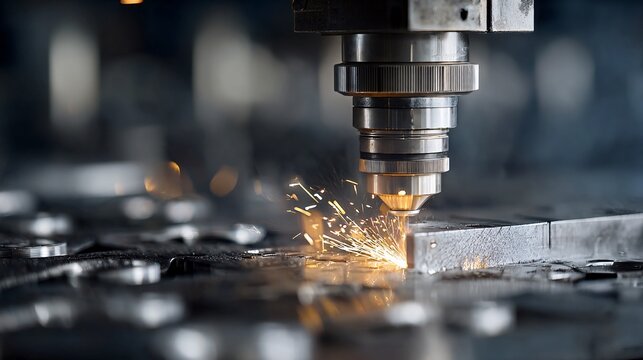 Close-up of CNC Machine Cutting Metal with Sparks Flying in Industrial Workshop