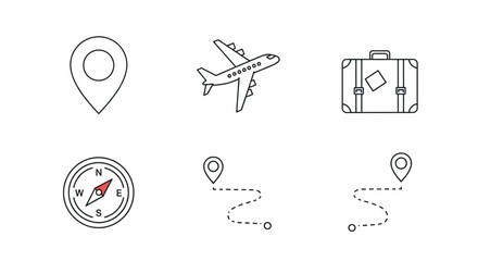 Collection of Travel and Navigation Icons Airplane, Suitcase, Compass, and Location Pins