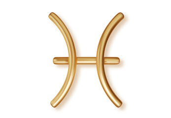 Golden 3D Pisces zodiac emblem isolated. Realistic metallic horoscope symbol for astrology predictions, mystical ocean themes and celestial artwork