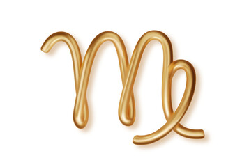 3D gold Virgo zodiac sign with realistic glossy highlights. Luxury metallic astrology symbol for horoscope prediction and magical celestial visuals