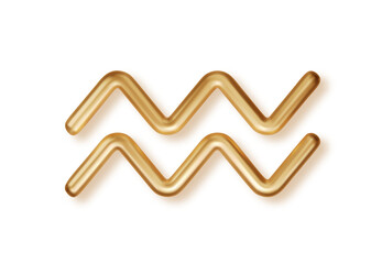 Realistic 3D gold Aquarius zodiac symbol with glossy metallic effect. Luxury horoscope sign for astrology charts, mystic cosmic designs and celestial visuals