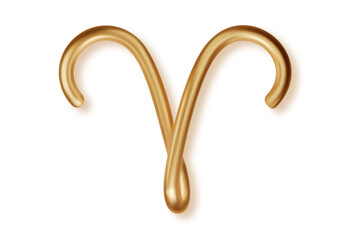 Realistic 3D metallic gold Aries zodiac sign isolated on transparent background. Luxury shiny horoscope symbol for astrology forecasts and mystical celestial design