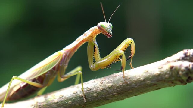 Intriguing mantis stalking prey on branch, ready to strike with vibrant green hues and captivating insect behavior in natural habitat