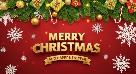 A festive merry christmas and happy new year background with fir branches, gift boxes, golden baubles, and snowflakes on a vibrant red backdrop