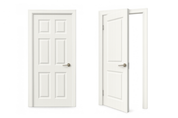White wooden door closed and partially open showing new opportunity and future possibility on transparent background