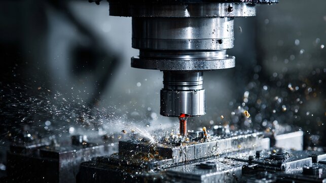 Close-up of CNC Milling Machine Cutting Metal with Sparks Flying