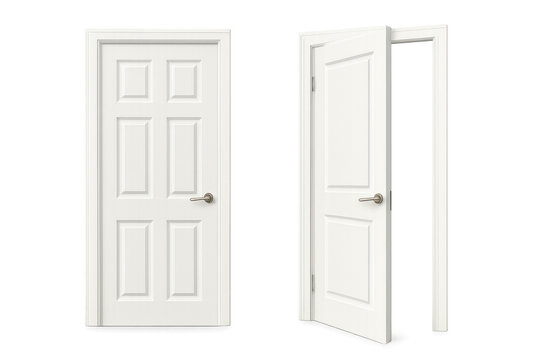 White wooden door closed and partially open showing new opportunity and future possibility on transparent background