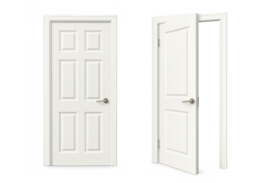 White wooden door closed and partially open showing new opportunity and future possibility on transparent background - Powered by Adobe