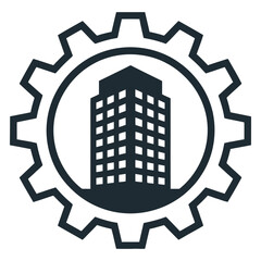 Illustration of a building inside a gear, symbolizing real estate, construction, or industrial development