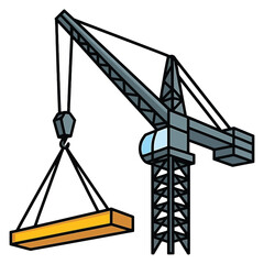 Illustration of a construction crane lifting a rectangular block, showcasing industrial machinery and building processes
