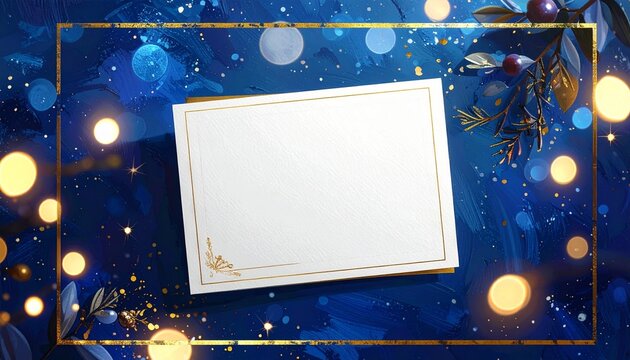 A white postcard surrounded by sparkling midnight-blue bokeh and a thin elegant gold border