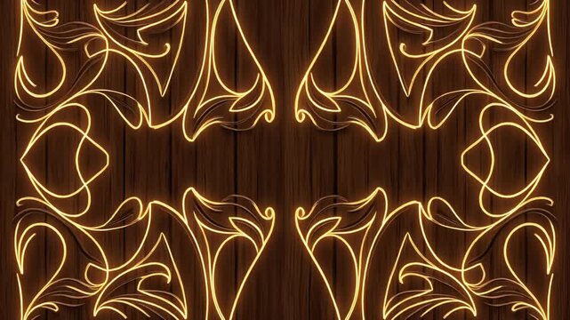 Golden abstract pattern on a dark brown wooden background with elegant curves and lines