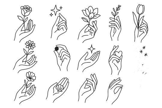 Small line art holding gesture icon objects delicate stars vector hand flowers