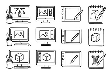 Minimal workspace art stylus sketch icon vector sketchpad monitor icons design pencil