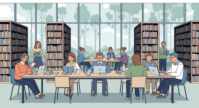 Illustration of a diverse group of people studying and working on laptops at a long table in a modern library with bookshelves and large windows.