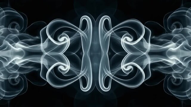 Glowing blue smoke swirls symmetrically on a black background with a white space