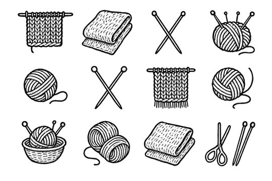 Shawl icon textures needles folded vector set yarn knitting soft outline ball