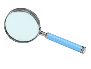 Magnifying glass with blue handle isolated on transparency background close up tool for inspection reading or science clear lens shiny metal simple design object for curiosity and discovery
