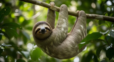 Naklejka premium Three toed sloth hanging upside down from a branch in costa rica