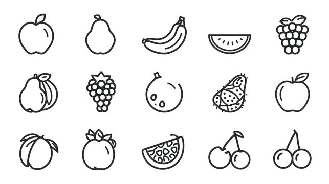 Hand drawn line art icons of various fruits on a white background