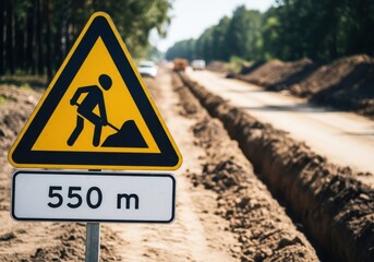 Road construction ahead warning sign with trench